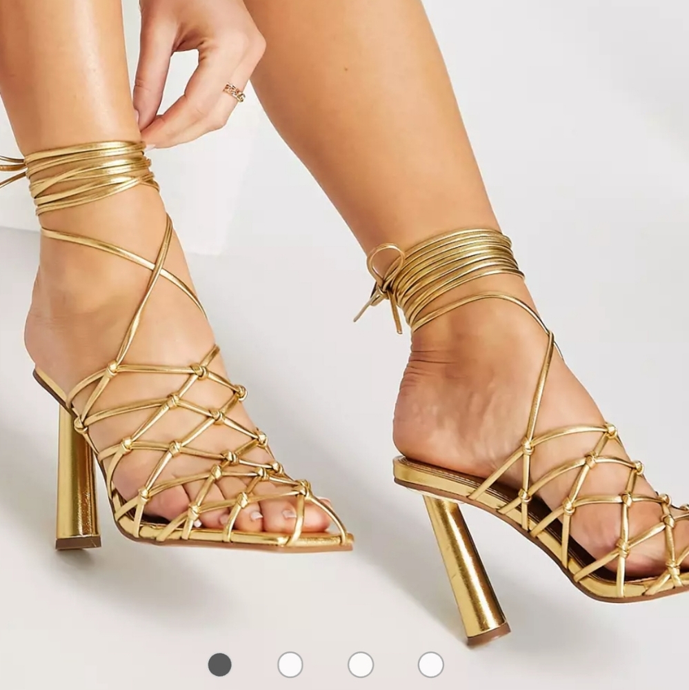 ASOS DESIGN Wide Fit Pearl caged tie leg high shoes in gold